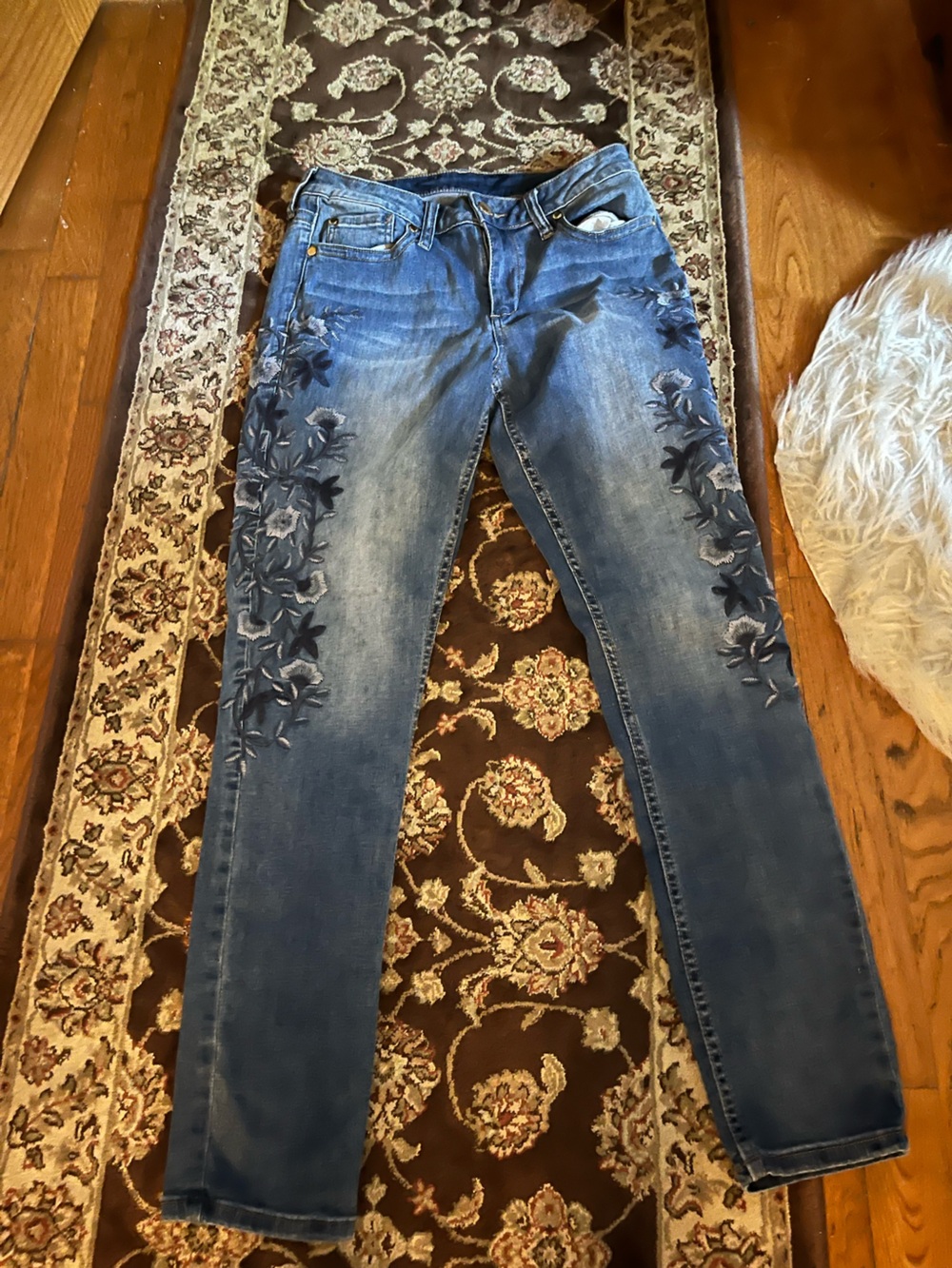Seven7 Blue Skinny Jeans with Dark Floral Embroidery